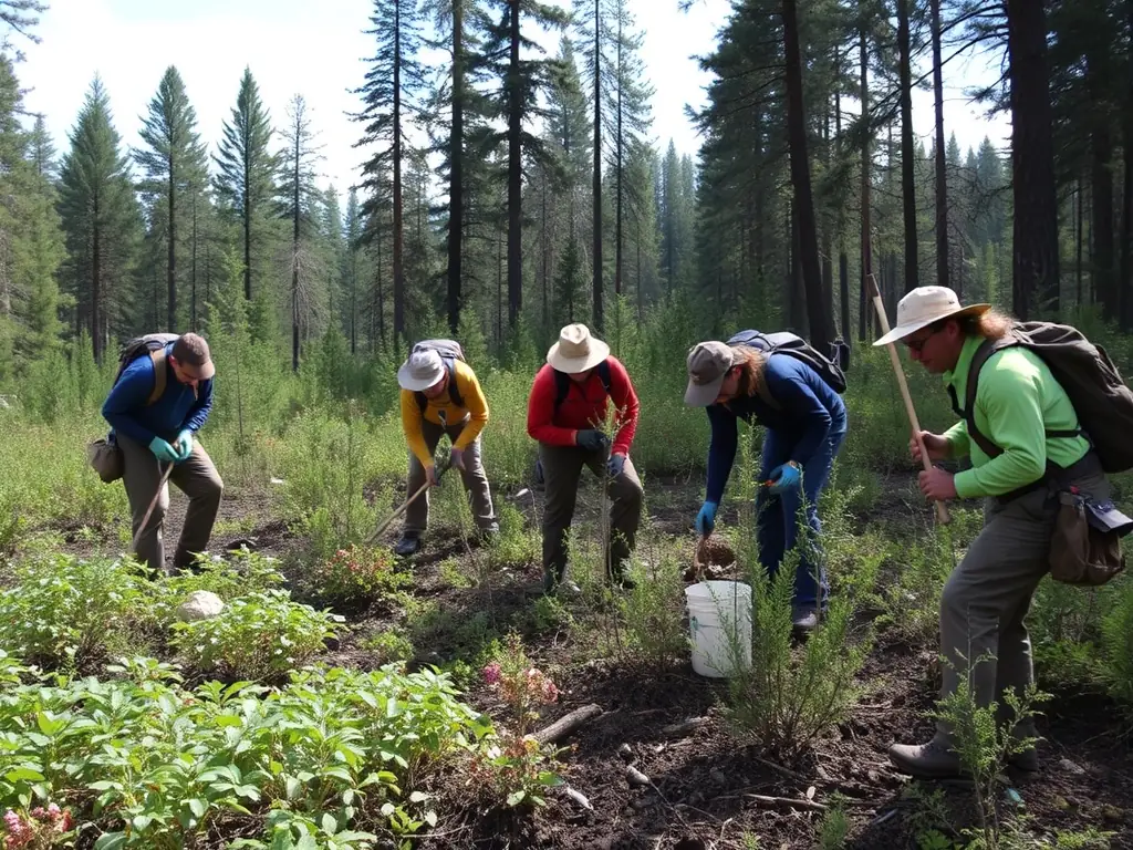 A group of ACCA ST VICTOR members participating in a habitat restoration project, planting native trees and shrubs to enhance biodiversity in a local forest area.