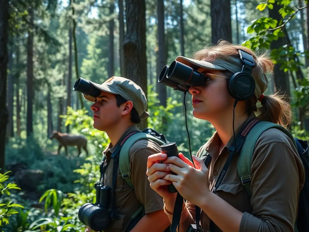 ACCA ST VICTOR members conducting a wildlife survey, using binoculars and tracking equipment to monitor animal populations and assess the health of the local ecosystem.