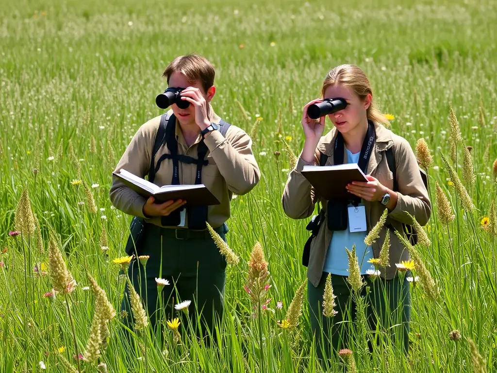 An image of ACCA ST VICTOR volunteers conducting a wildlife monitoring survey, using binoculars and recording data in a field notebook.