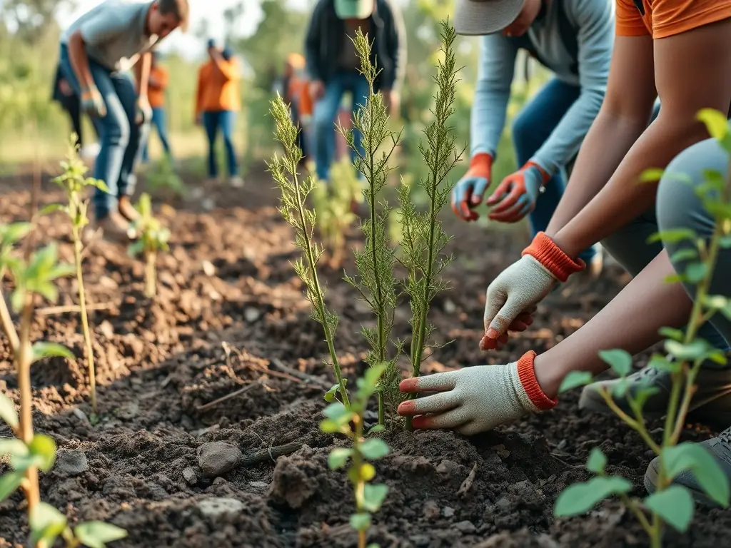 An image showing ACCA ST VICTOR volunteers planting native trees in a deforested area, illustrating their dedication to habitat restoration and biodiversity enhancement.