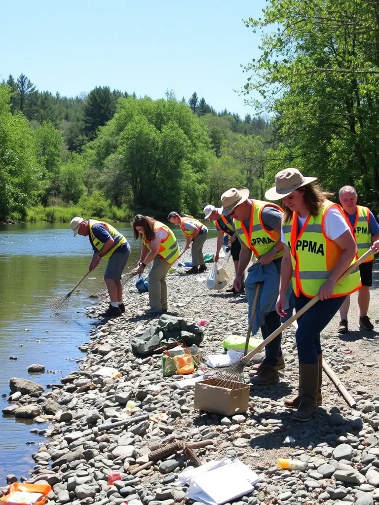 A photograph of ACCA ST VICTOR members cleaning up a polluted riverbank, demonstrating their dedication to maintaining ecological balance and habitat preservation.